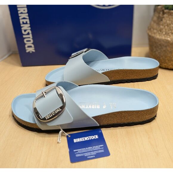 Birkenstock Madrid Big Buckle Baby Blue Natural Leather Patent Sandals EU 41 NIB - Picture 3 of 15